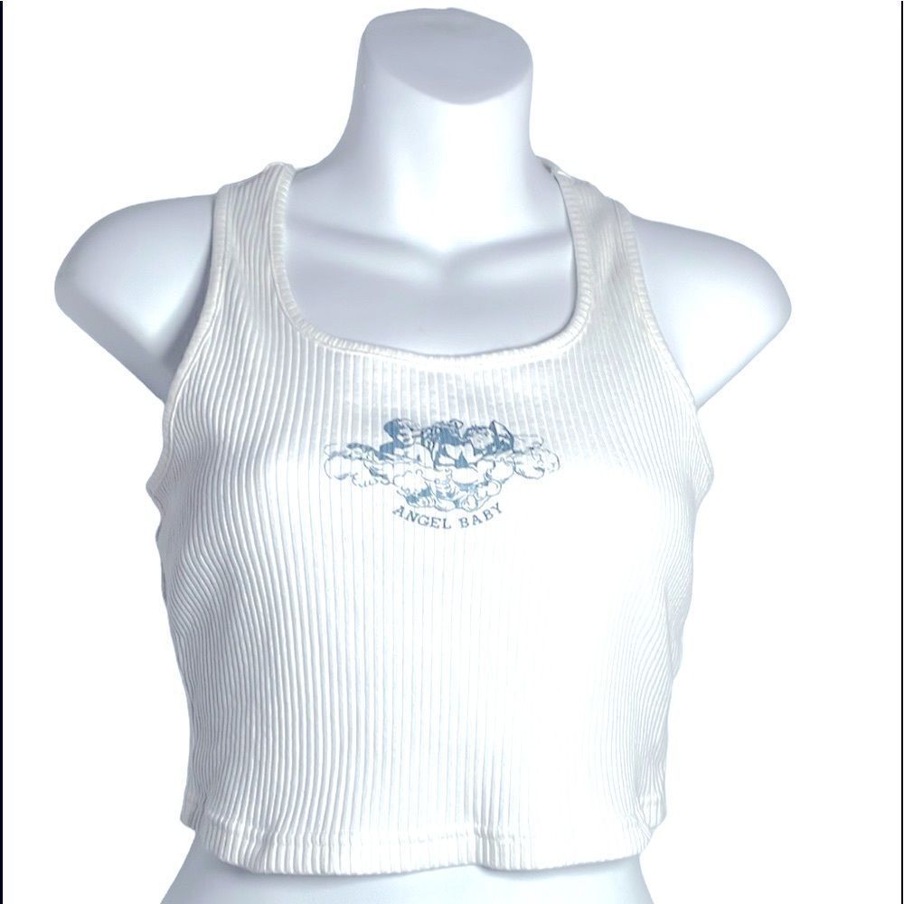 Shein Graphic Print Letter Angel Rib Knit Crop Tank Top Medium White Blue